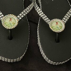 Princess and the frog Women's Black Flip Flops with Rhinestone Detail